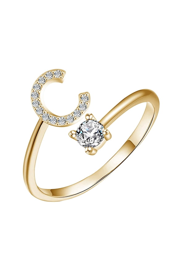 Initial Letter Open Ring for Women Gold Plated Stackable Alphabet Rings A-Z with Initial Crystal Inlaid Initial Rings Gifts Adjustable