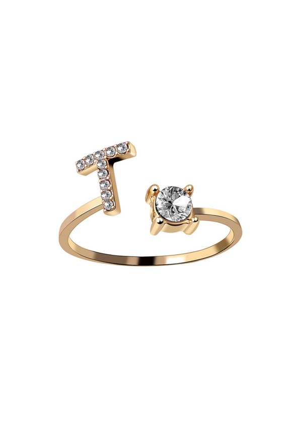 Initial Letter Ring for Women Gold Plated Stackable Alphabet Rings Adjustable Cubic Zirconia Inlaid Initial Rings Gifts for Wife Mom Girlfriend