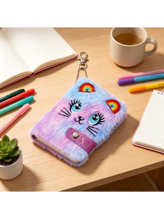 Kawaii Cats Plush Notebook Journal 4.7x3.5 Inch – Mini Fluffy Diary with Keychain for Girls Backpack School Gift(Purple)