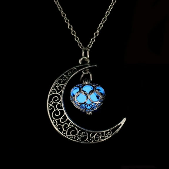 Guodhu Luminous Crescent Moon and Heart Necklace Glow in The Dark Silver Plated - Glowing Blue Moon Charm - Magical Fantasy Fairy Glowing Necklace Jewelry