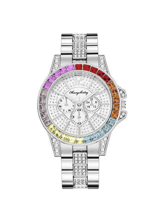 Luxury Bling Birthstone Ladies Watch Iced Out Colorful Crystal Rhinestone Diamond Watches for Women Mens Stainless Steel Bracelet Wrist Watches