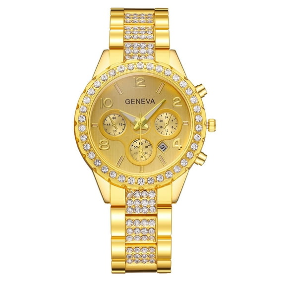 Guodhu Luxury Mens & Womens Gold/Silver Dress Watches Sparking Rhinestones Quartz Movement Watch Stainless Steel Link Bracelet Wrist Watches ,Simulated Lab Diamond