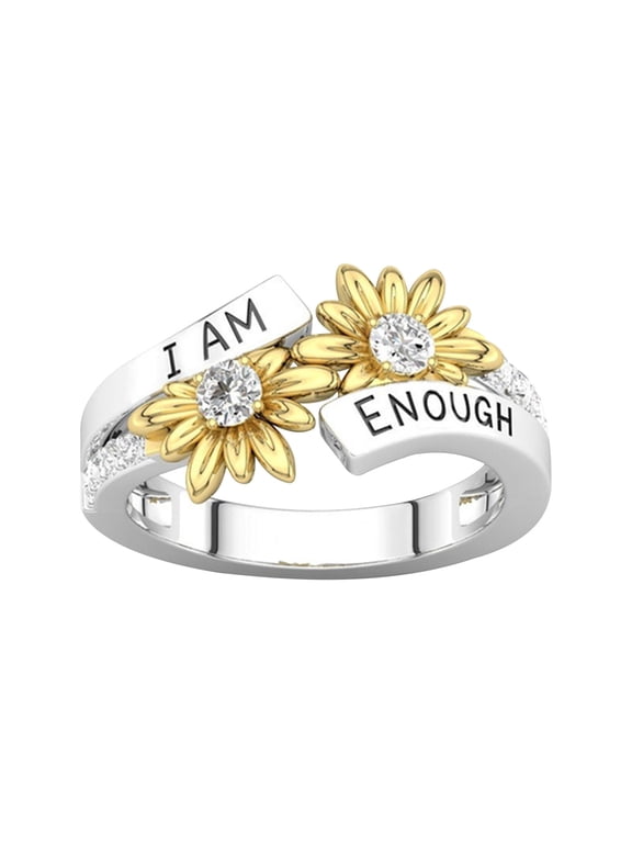 Mantra Inspirational Ring Sunflower Rings for Women - I Am Enough Letters Carving Flower Promise Rings Jewelry Accessory Jewelry Gifts for Women