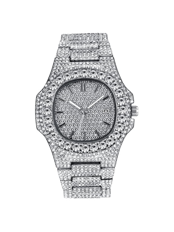 Mens Fully Iced Out Gold Watches Luxury Unisex Bling CZ Crystal Diamond Fashion Quartz Calendar Womens Watch Memorable Birthday Anniversary Gifts for Men& Women