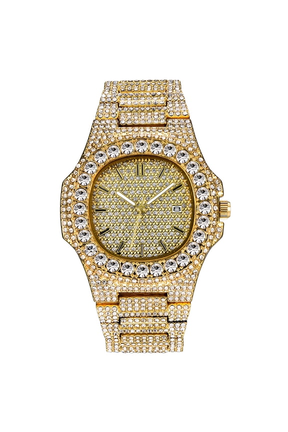 Mens Fully Iced Out Gold Watches Luxury Unisex Bling CZ Crystal Diamond Fashion Quartz Calendar Womens Watch Memorable Birthday Anniversary Gifts for Men& Women