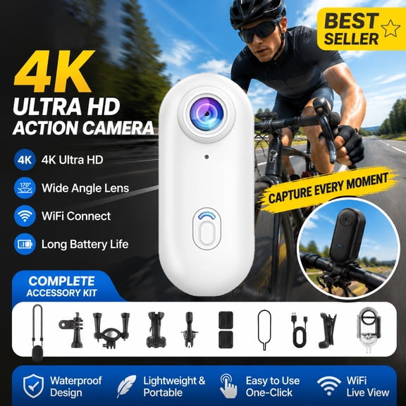 Guodhu Motorcycle Camera, HD Action Camera, Thumb Lens, HD Mini Wearable Body Adventure Action Cameras, 360° Rotation Portable Wearable Mini Action Cam, for Cycling, Diving(White)