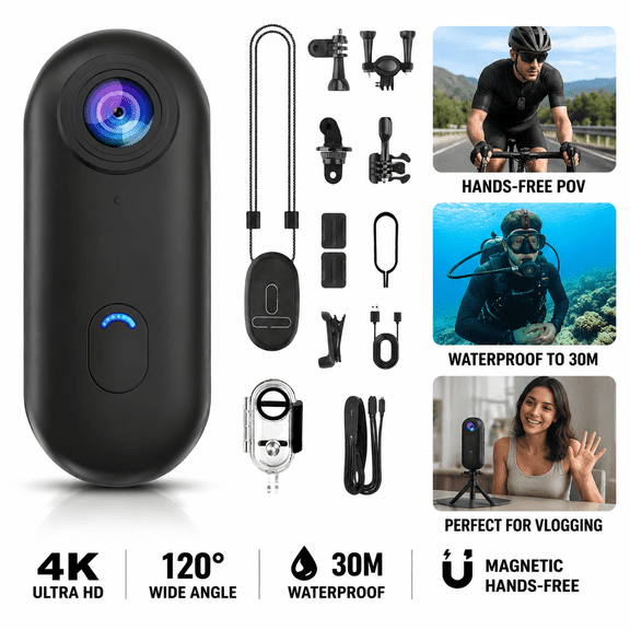 Guodhu Motorcycle Camera, HD Action Camera, Thumb Lens, HD Mini Wearable Body Adventure Action Cameras, 360° Rotation Portable Wearable Mini Action Cam, for Cycling, Diving(Black)