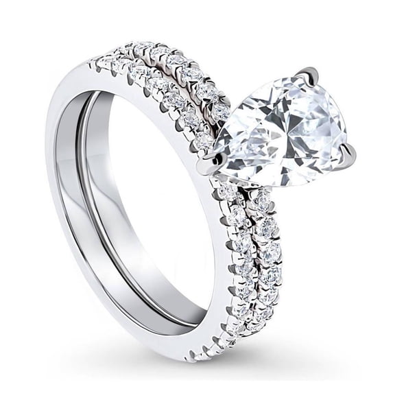 Guodhu Pear Shaped Cubic Zirconia Wedding Ring Sets for Women Teardrop Engagement Rings Silver Plated Stackable Rings for Women