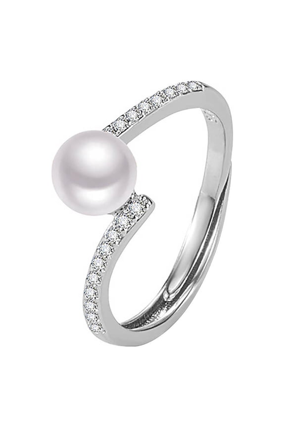 Pearl Ring Silver Plated Rings for Women Adjustable June Birthstone Rings for Women with CZ Cubic Zirconia Stackable Ring for Women Mom Exquisite Valentine's Day Mothers Day Gifts
