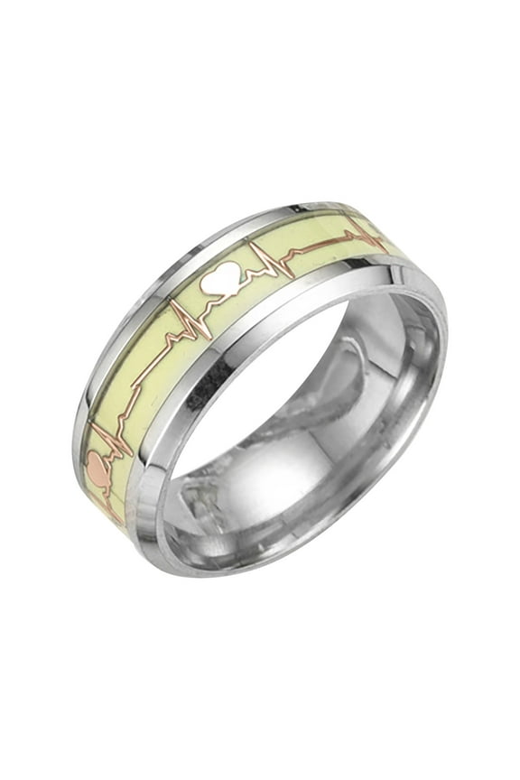 Personalized Glow-in-The-Dark Stainless Steel Couple Rings for Men &Women– Heartbeat Luminous Ring Wedding Engagement Promise Ring for His & Hers