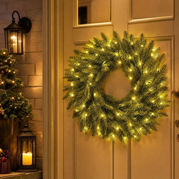 Guodhu Pre-Lit Pine Branch Christmas Wreath with Warm LED Lights for Door Window Mantel Holiday Display(Green)