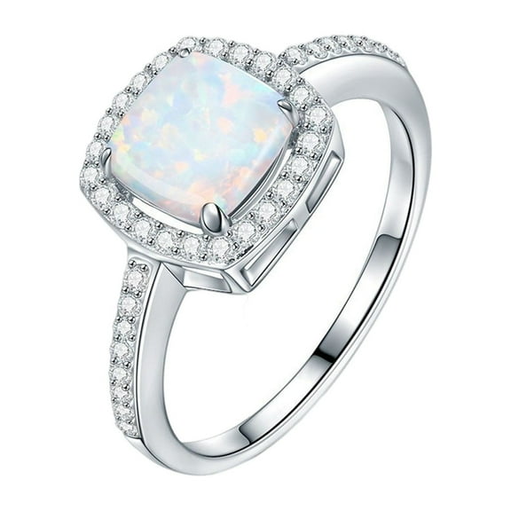 Guodhu Princess Cut White Opal & Cubic Zirconia Fashion Silver Plated Ring October Birthstone Engagement Wedding Ring Fine Jewelry Gift for Women