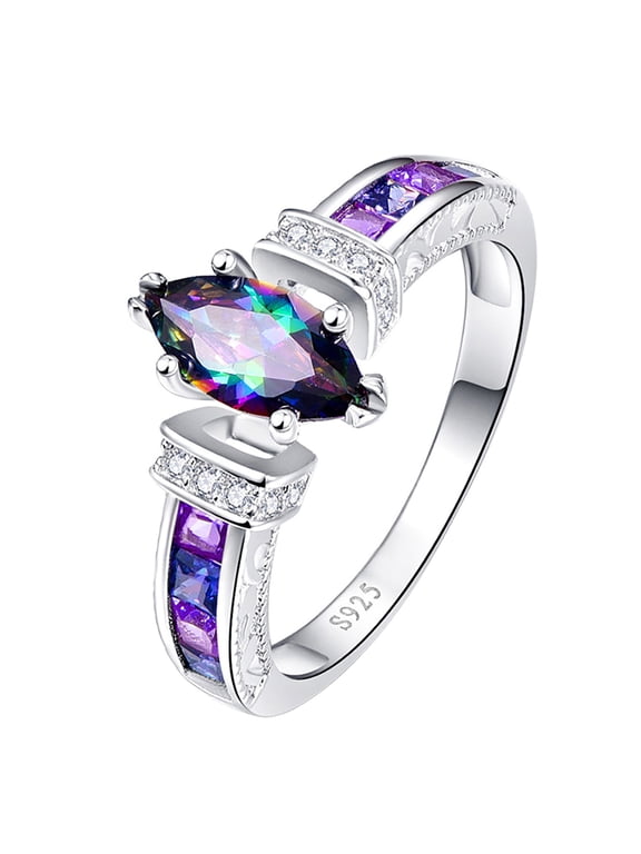 Promise Ring for Her Marquise Shape Simulated Mystic Rainbow Topaz, Silver Plated Multicolor Marquise Cut Cubic Zirconia Inlaid Thumb Ring Jewelry for Women Men