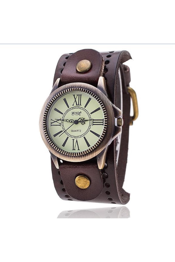 Retro Steampunk Wide Cuff Analog Quartz Roman Numerals Wrist Watches for Men&Women Vintage Bronze Leather Band Unisex Watch Gifts for Her and Him