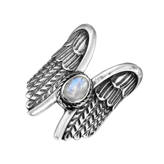 Guodhu Retro Vintage Silver Full Finger Chunky Statement Band Ring, Oval Gemstone Angel Wings Wide Band Ringfor Women