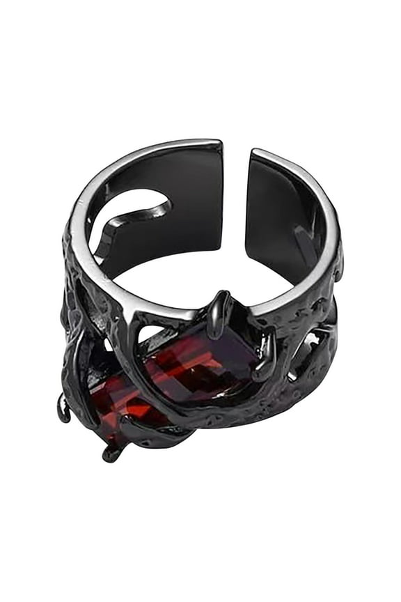 Retro Vintage Stainless Steel Black Rings for Women Gothic Rock Punk Princess Cut Created Ruby Amethyst Biker Bands Ring High Polished Open Adjustable Rings