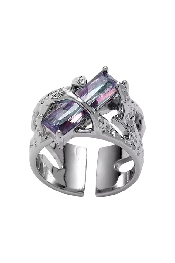 Retro Vintage Stainless Steel Black Rings for Women Gothic Rock Punk Princess Cut Created Ruby Amethyst Biker Bands Ring High Polished Open Adjustable Rings