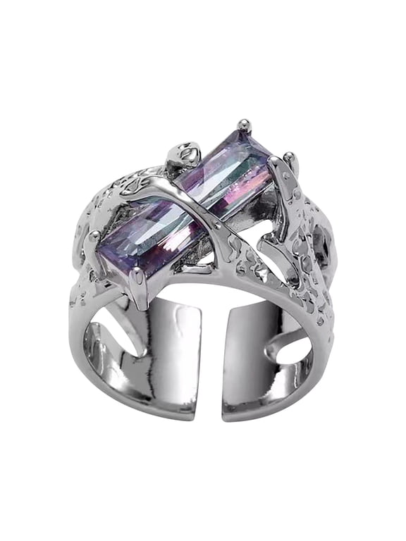 Retro Vintage Stainless Steel Black Rings for Women Gothic Rock Punk Princess Cut Created Ruby Amethyst Biker Bands Ring High Polished Open Adjustable Rings