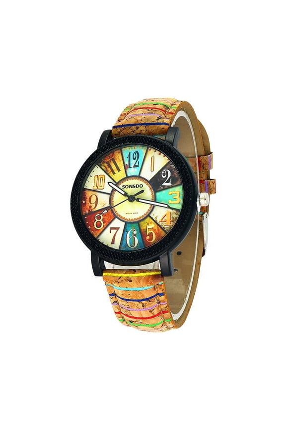 Retro and vintage Women's Multicolor Leather Strap Number Turntable Quartz Wrist Watches for Women Boho Hippie Watch,Wonderful Gift for Women