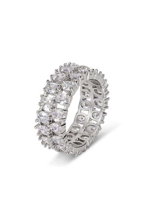 Rings for Women - Womens Silver Plated Faux Diamond Band Ring 2 Rows Round Cubic Zirconia Eternity Promise Engagement Ring