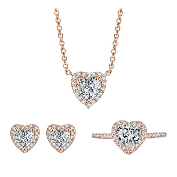 Guodhu Romantic Heart Cubic Zirconia Jewelry Set for Women - Rose Gold Necklace with Crystal Pendant, Matching Earrings & Ring, Bridal Gift Set, Elegant Valentines Day Anniversary Wedding Jewelry