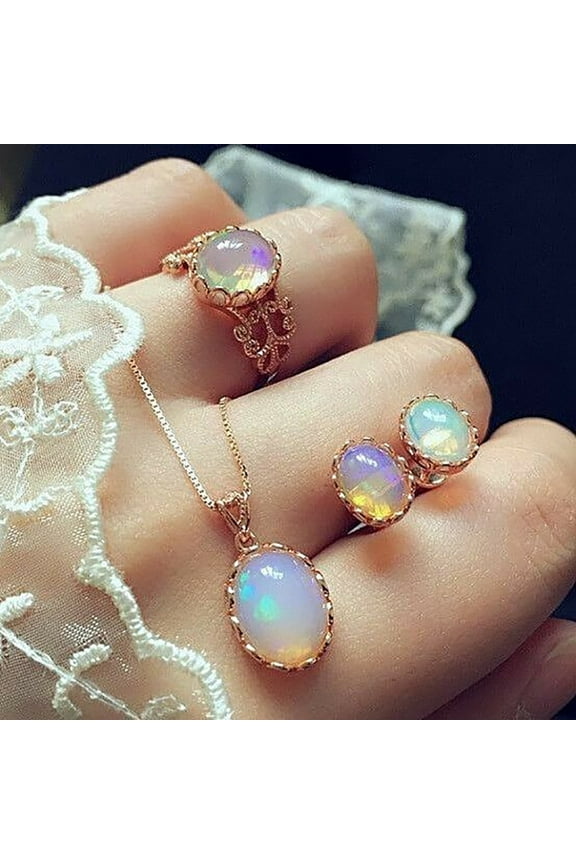 Rose Gold Oval Opal Engagement Necklace Ring Gemstone Dangle Earrings Wedding Jewelry Set Gift for Women