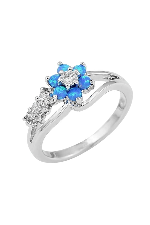 Round Simulated Blue Opal Ring with CZ Diamond Silver Engagement Ring Jewelry Accessory Birthday Proposal Gift Bridal Wedding Party Band Ring