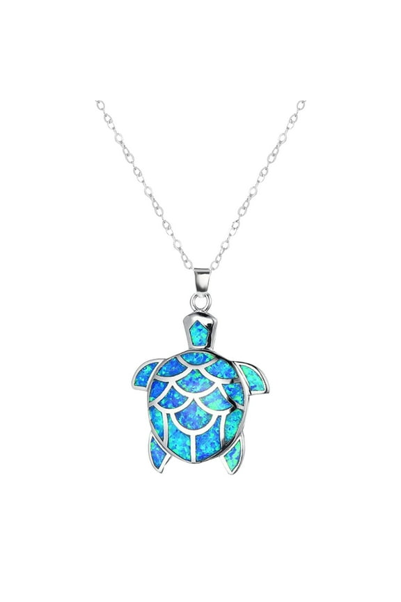 Sea Turtle Pendant Necklace for Women Men Silver Plated Link Chain Simulated Opal Animal Jewlery