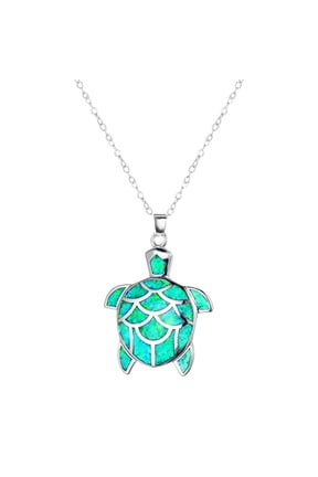 Sea Turtle Pendant Necklace for Women Men Silver Plated Link Chain Simulated Opal Animal Jewlery