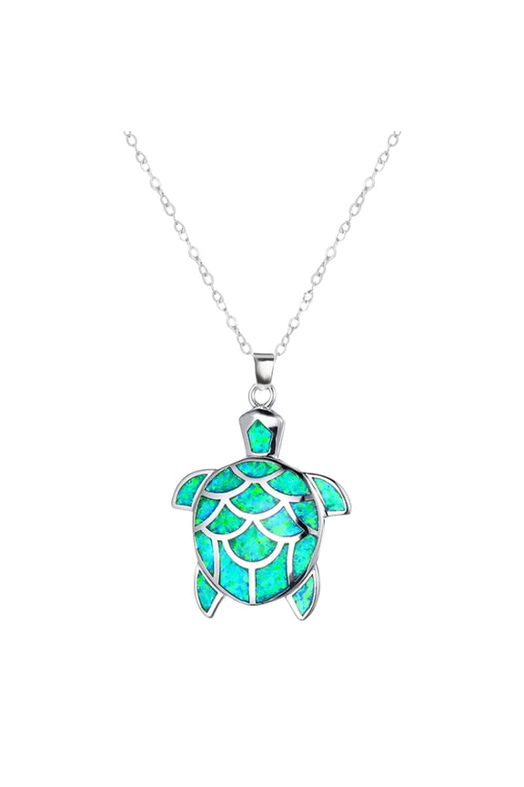 Sea Turtle Pendant Necklace for Women Men Silver Plated Link Chain Simulated Opal Animal Jewlery