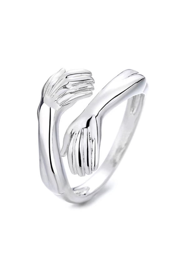 Silver Hug Rings for Women Adjustable Hugging Hands Open Ring for Men Promise Ring Thumb Ring Couples Jewelry Birthday Mothers Day Gifts for Dad Mom Wife Daughters Friend