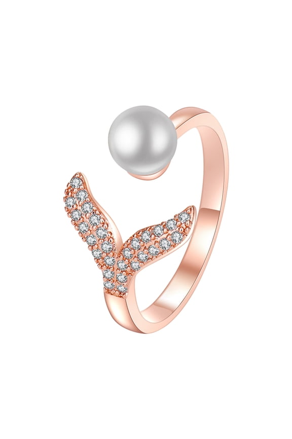 Silver Mermaid Tail Ring Adjustable Pearl Ring for Women Open Ring with Cubic Zirconia & Shell Pearl Valentine's Day Mother's Day Gift