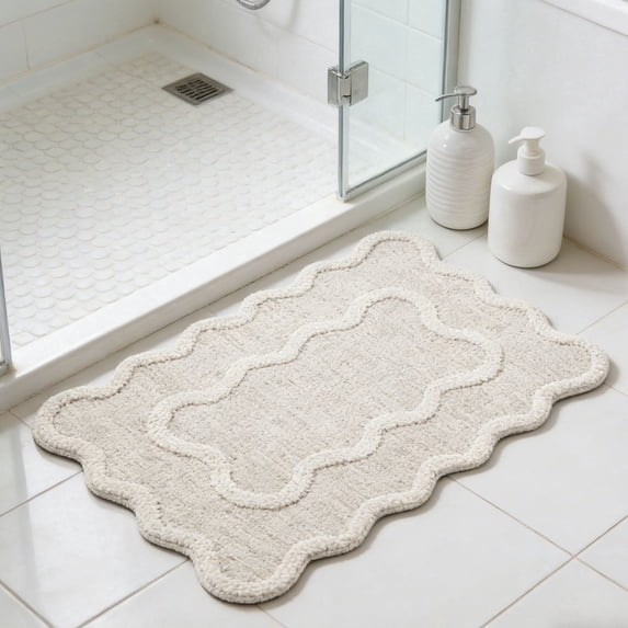 Guodhu Soft Bath Mat, Absorbent Bathroom Rug with Scalloped Edge, Cream Beige Washable Shower Mat for Tub Shower and Bathroom Floor(grey)