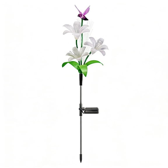 Guodhu Solar Powered Garden Lily and Hummingbird Light LED Fiber Optic Outdoor Stake Lamp Colorful Courtyard Lawn Pathway Decorative Illumination(White)