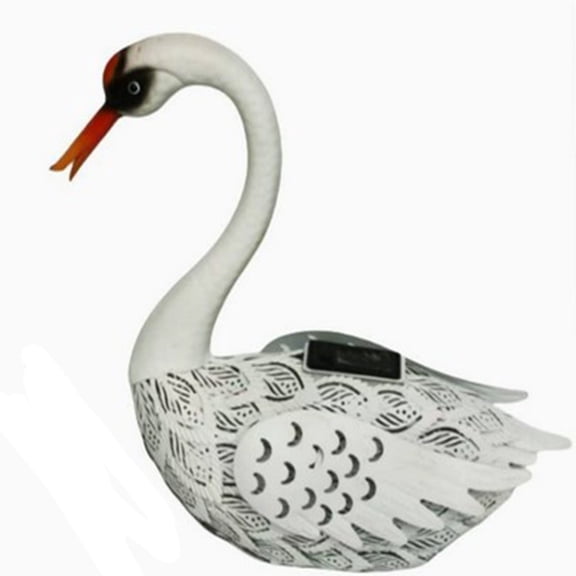 Guodhu Solar Powered Metal White Swan Statue with Hollow Cutout LED Light, Garden Yard Decor Sculpture for Courtyard Patio(Short style)