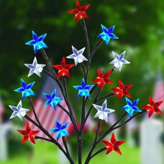 Guodhu Solar Powered Patriotic Star LED Pathway Lights Set, Waterproof Outdoor Garden Yard Decor for Independence Day Memorial Day, Auto On/Off Dusk to Dawn Illumination(2PC)