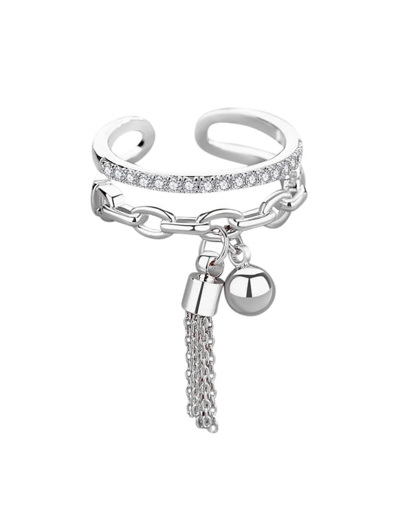 Stackable Golden Chain Ring with Dangle Beaded Ball Adjustable Tassel Dangling Rings for Women Sparkling Bling Cubic Zirconia Finger Ring Jewelry