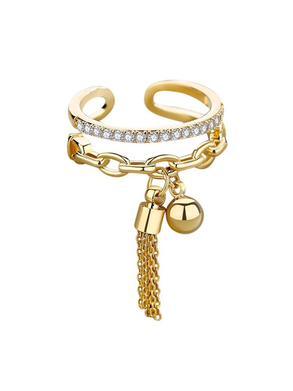 Stackable Golden Chain Ring with Dangle Beaded Ball Adjustable Tassel Dangling Rings for Women Sparkling Bling Cubic Zirconia Finger Ring Jewelry