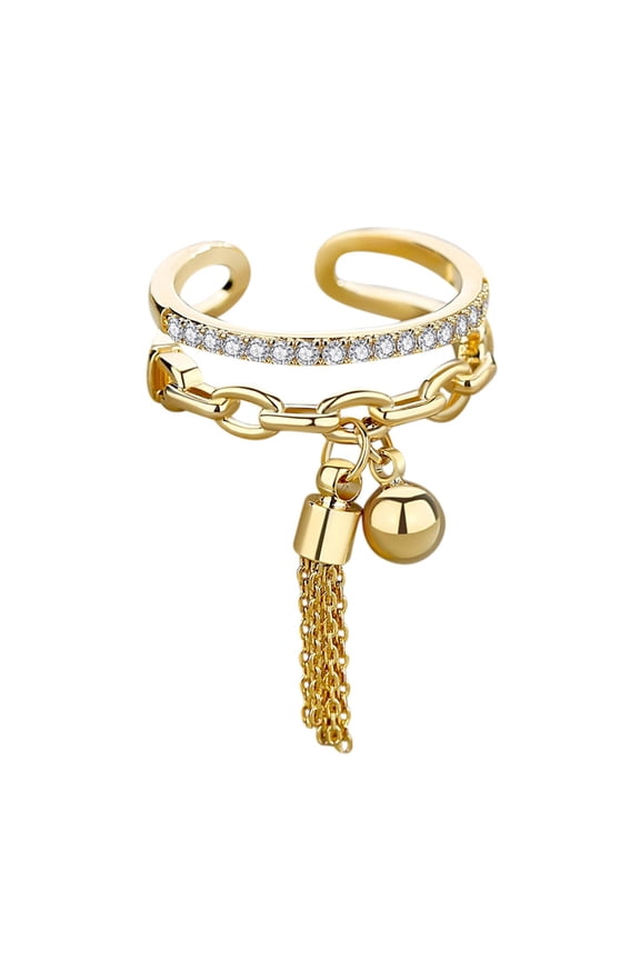 Stackable Golden Chain Ring with Dangle Beaded Ball Adjustable Tassel Dangling Rings for Women Sparkling Bling Cubic Zirconia Finger Ring Jewelry
