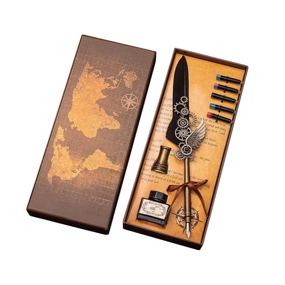 Guodhu Steampunk Quill Pen Gift Set, Vintage Metal Writing Kit with Ink, 5 Replacement Sacs and Stand, Retro Esthetic Desktop Stationery for Journaling Letter Writing Decor Gift for Adults(Black Q)