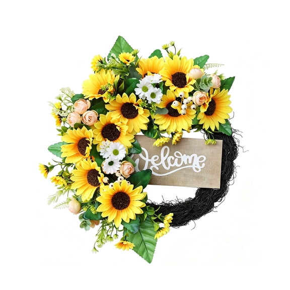 Guodhu Sunflower Simulation Wreath 16 Inch  Yellow Plastic Round Garland for Spring Summer Front Door Wall Home Decoration(Yellow)