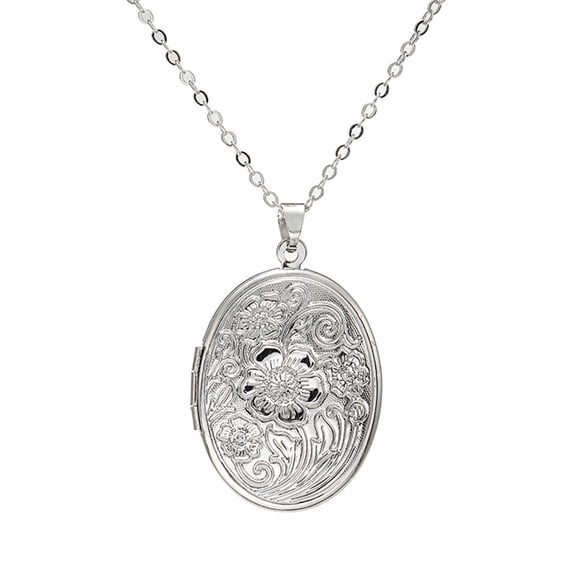 Guodhu Vintage Engraved Flower Empaistic Photo Locket Hold Picture Oval Round Pendant Necklace Antique Carved Pattern Souvenir Memorial Clavicle Jewelry for Women