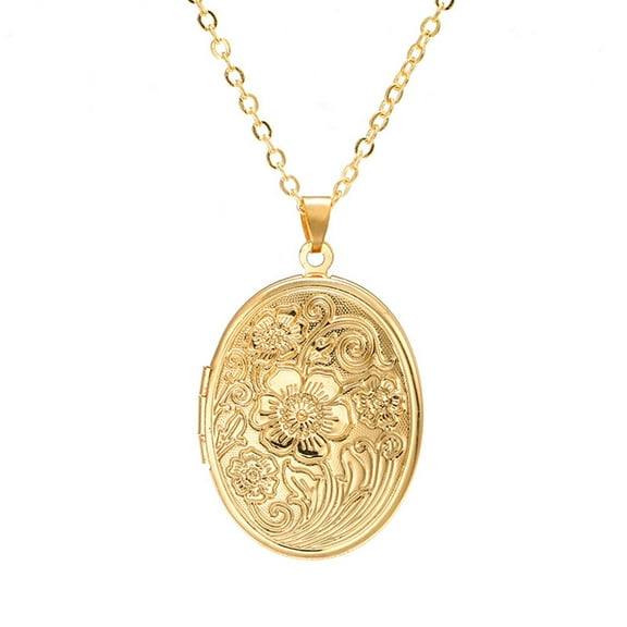 Guodhu Vintage Engraved Flower Empaistic Photo Locket Hold Picture Oval Round Pendant Necklace Antique Carved Pattern Souvenir Memorial Clavicle Jewelry for Women
