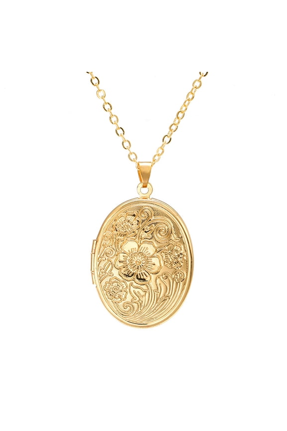 Vintage Engraved Flower Empaistic Photo Locket Hold Picture Oval Round Pendant Necklace Antique Carved Pattern Souvenir Memorial Clavicle Jewelry for Women