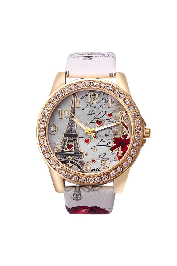Vintage PU Leather Strap Watches for Women Bling Rhinestone Gold Tone Case Watch Eiffel Tower Rose Pattern Ladies Womens Watch Anniversary Mother Day Gift