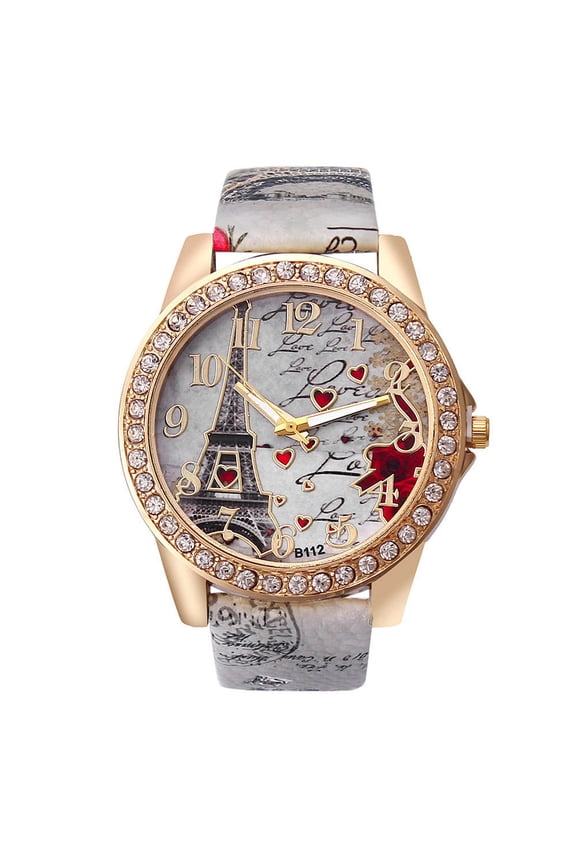 Vintage PU Leather Strap Watches for Women Bling Rhinestone Gold Tone Case Watch Eiffel Tower Rose Pattern Ladies Womens Watch Anniversary Mother Day Gift