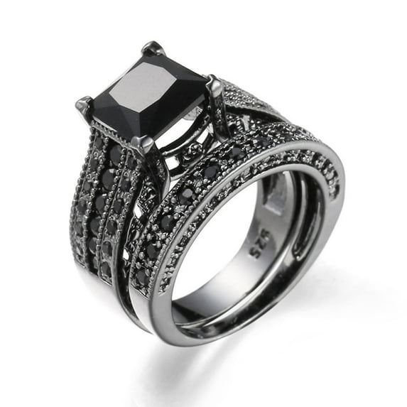 Guodhu Vintage Silver Black Gem Rings for Women Square Black Onyx Marcasite Cubic Zirconia Promise Rings Set CZ Eternity Engagement Wedding Band Ring Sets for Women Cocktail Rings