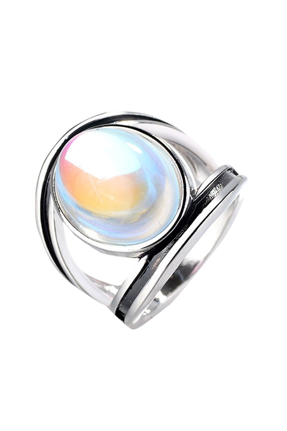 Vintage Silver Plated Blue Moon Moonstone Ring for Women Gemstone Boho Oval Gemstone Jewelry Wedding Bridal Band Ring