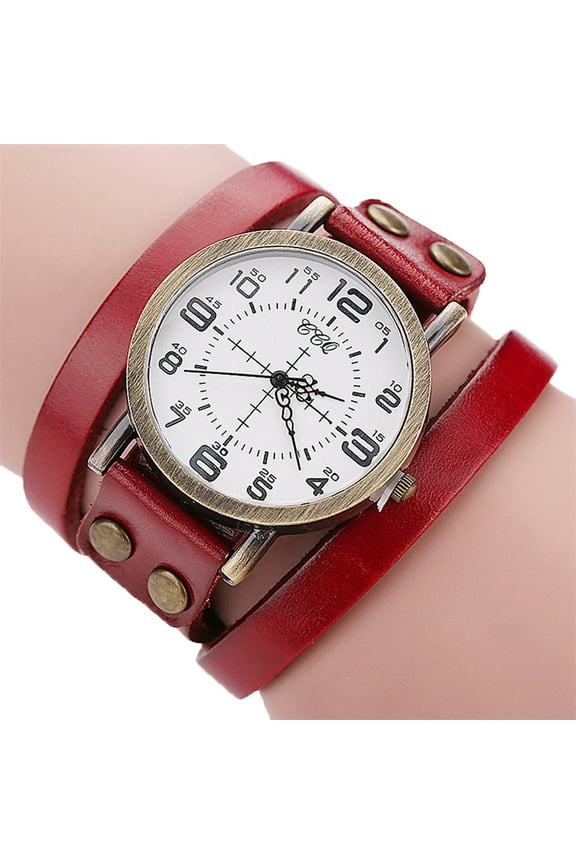 Vintage Wide Leather Strap Quartz Watches for Women & Men Bohemian Style Easy to Read Dial Brown/ Black/Red Watch Personalized Birthday Gifts