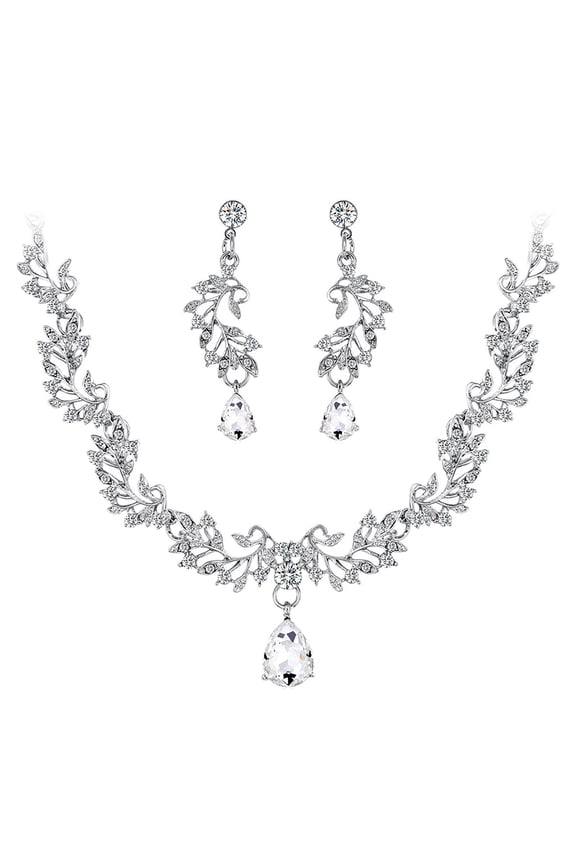 Women's Dainty Wedding Bridal Necklace Elegant Austrian Crystal Teardrop Cluster Statement Necklace Dangle Earrings Jewelry Set